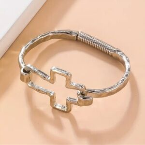 Silver Cross Hammered Bangle Bracelet - Women Accessories